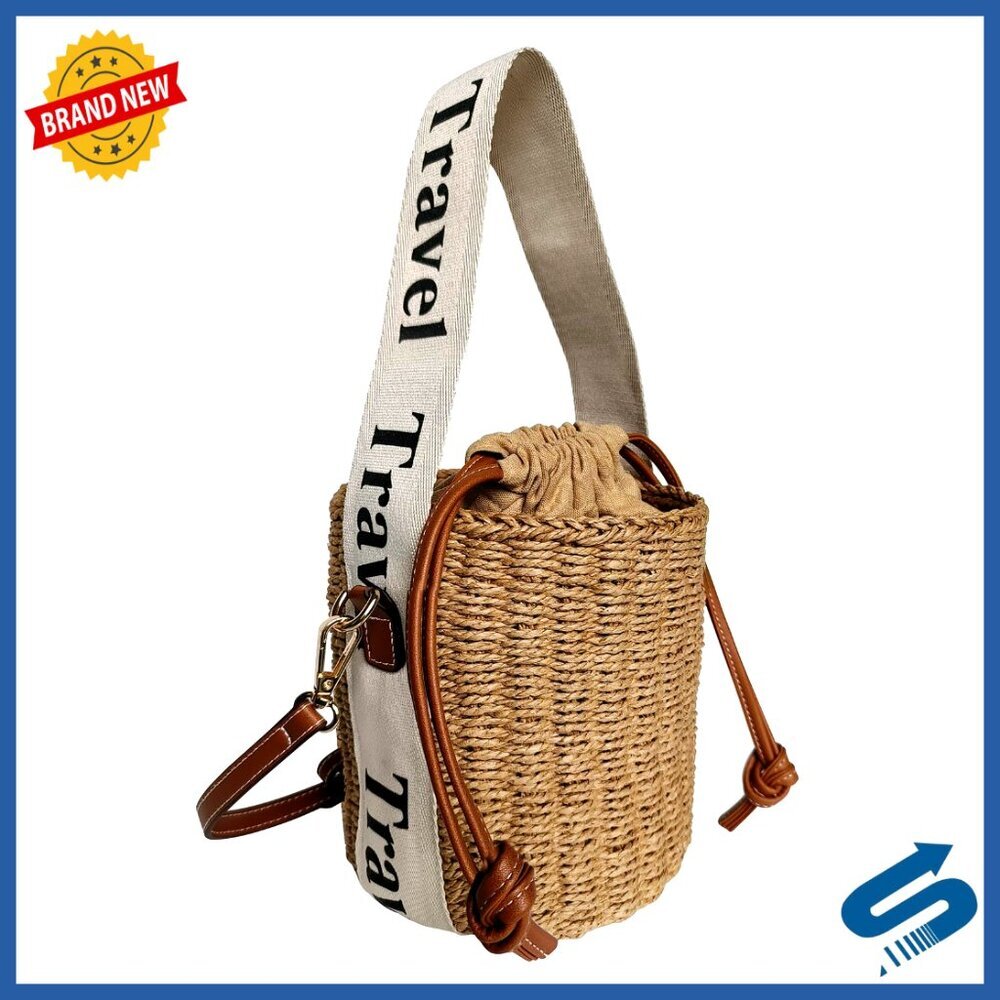 Straw Woven Tote Bag Drawstring Bucket Handbag Summer Beach Boho Chic